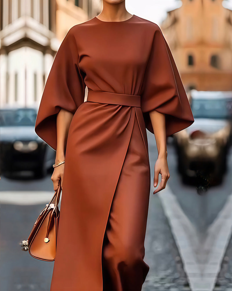 Women's Midi Dress | Elegant | With Belt | Autumn - Rust