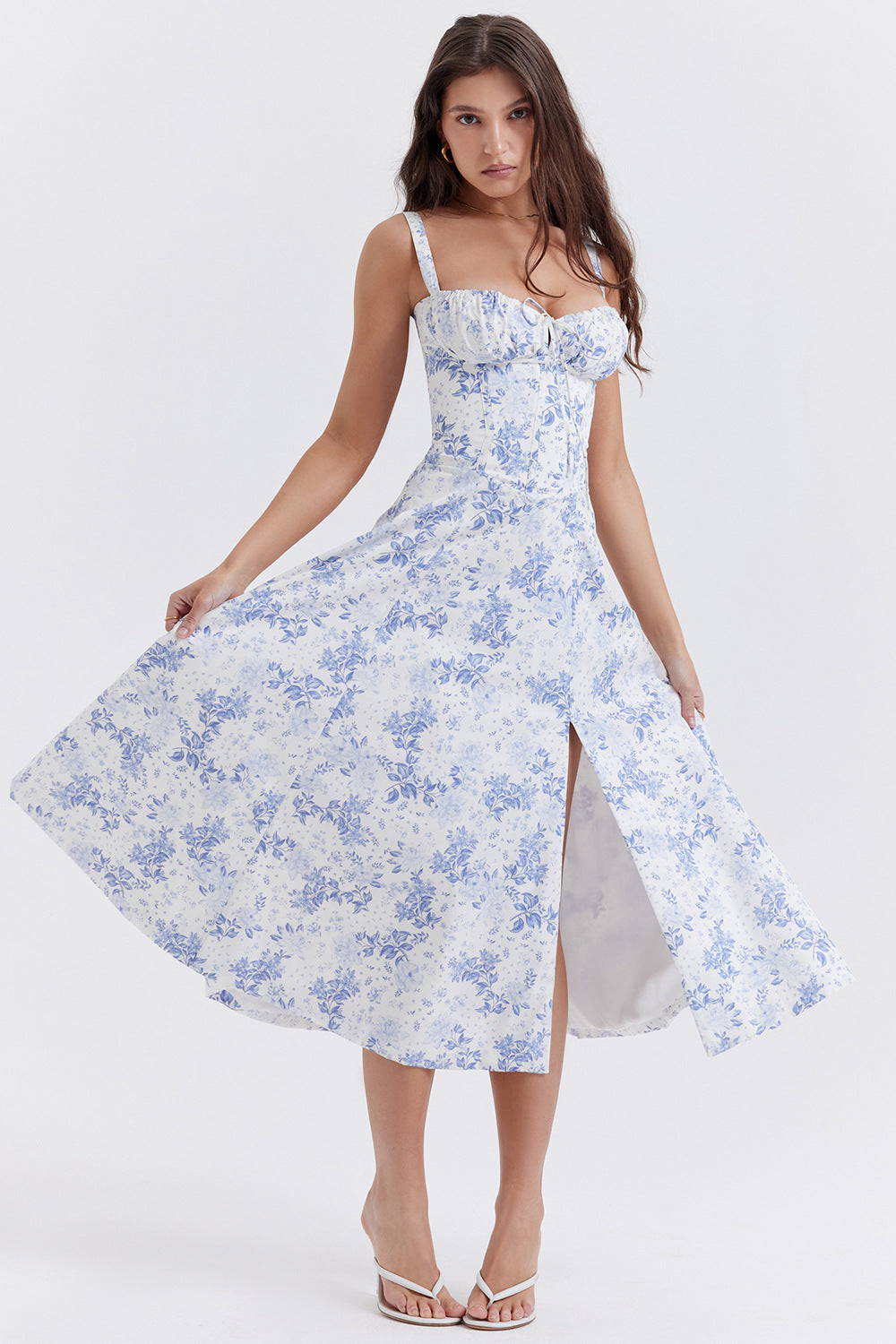 Women's Midi Dress | Floral Print | A-Line | Side Slit | Summer - Blue Floral