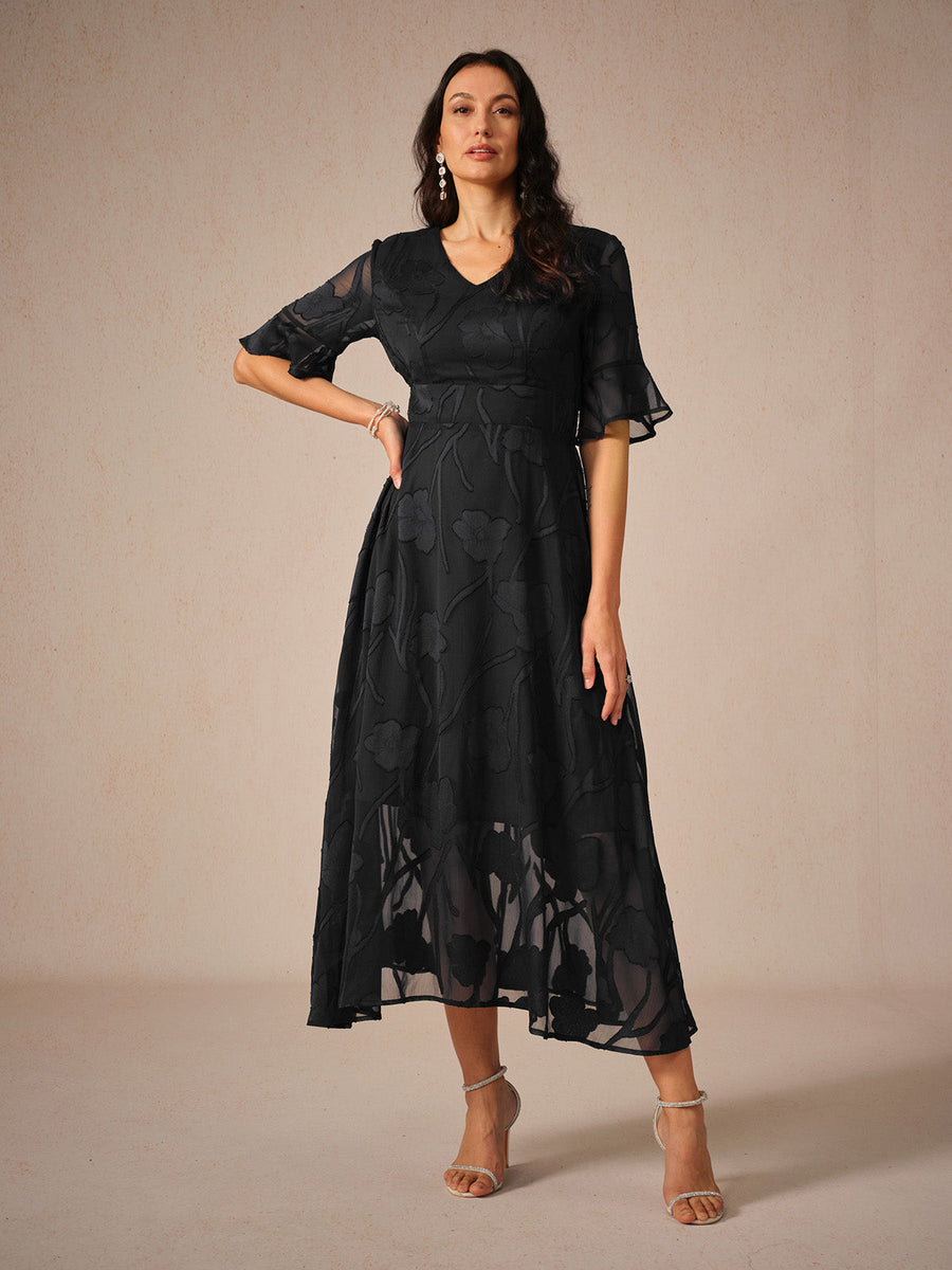 Women's Midi Dress | Floral | Short Sleeve | Summer - Black