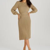 Women's Midi Dress | Long Sleeves | Pleated Skirt | Autumn - Beige