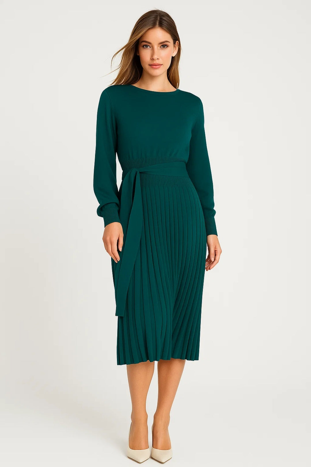 Women's Midi Dress | Long Sleeves | Pleated Skirt | Autumn - Dark Green