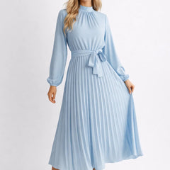 Women's Midi Dress | Pleated | Long Sleeves | Spring - Light Blue