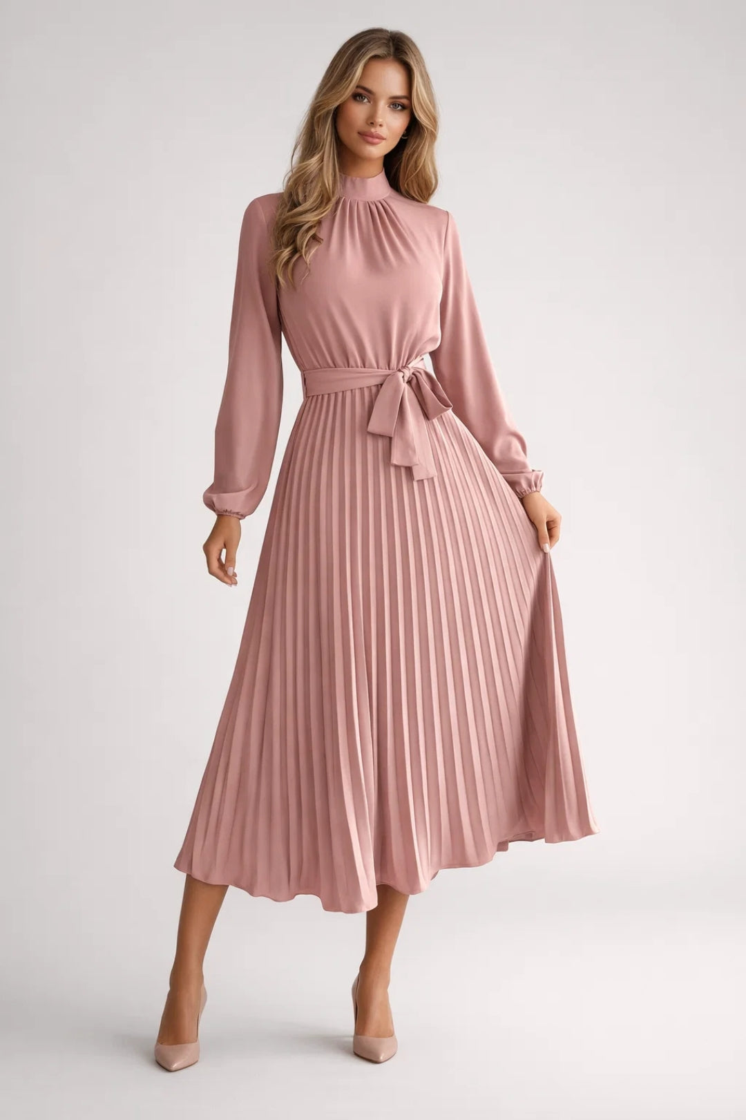 Women's Midi Dress | Pleated | Long Sleeves | Spring - Pink