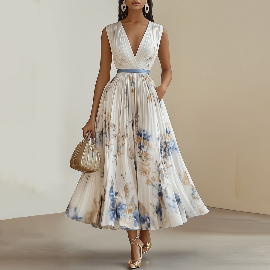 Women's Midi Dress | Pleated | V-Neck | White | Spring - White