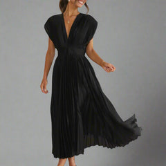 Women's Midi Dress | Pleated | V Neck | Zip Closure | Autumn - Black