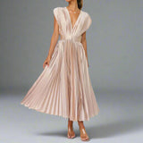 Women's Midi Dress | Pleated | V Neck | Zip Closure | Autumn - Champagne