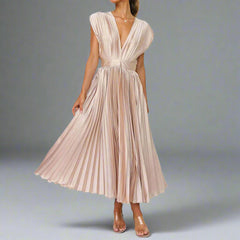 Women's Midi Dress | Pleated | V Neck | Zip Closure | Autumn - Champagne