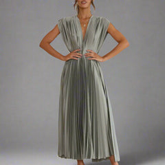 Women's Midi Dress | Pleated | V Neck | Zip Closure | Autumn - Olive