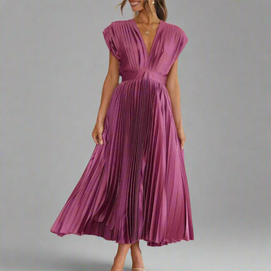 Women's Midi Dress | Pleated | V Neck | Zip Closure | Fall - Plum