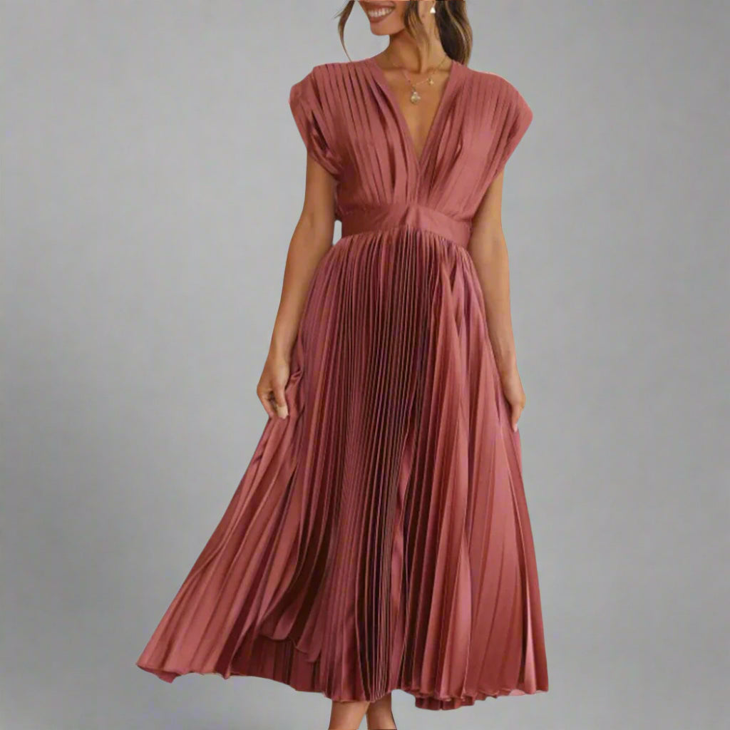 Women's Midi Dress | Pleated | V Neck | Zip Closure | Autumn - Rose Gold