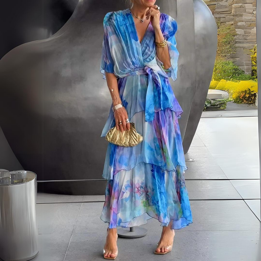 Women's Midi Dress | Print | V-Neckline | Summer - Blue Print