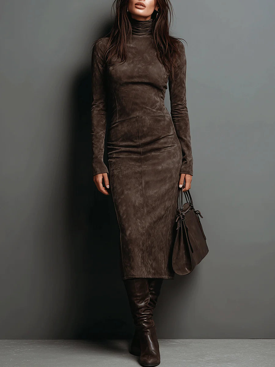 Women's Midi Dress | Slim Fit Long Sleeve | Autumn - Brown