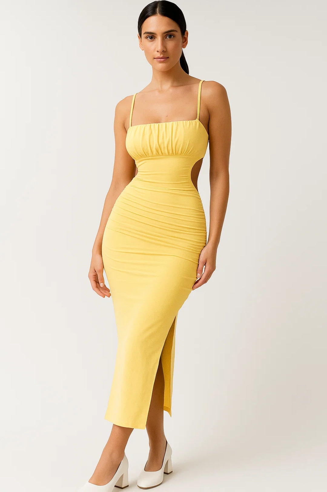 Women's Midi Dress | Slim Fit | Summer Ruched - Yellow