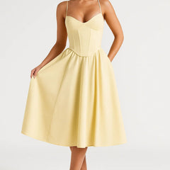 Women's Midi Dress | Spaghetti Strap | A-Line | Summer - Light Yellow