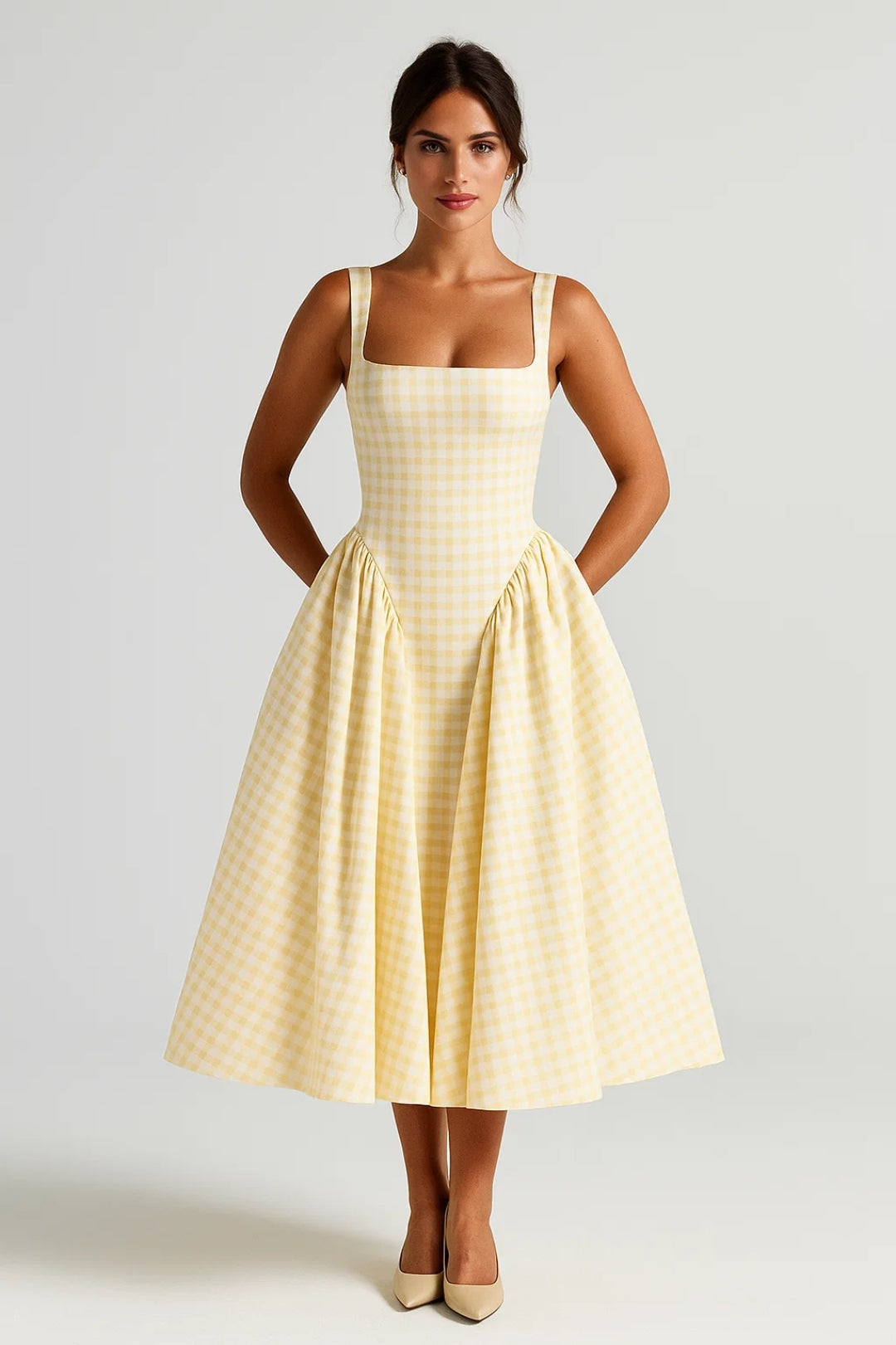 Women's Midi Dress | Strapless | Plaid Pattern | Summer - Yellow