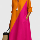 Women's Midi Dress with Contrast Draping - Elegant | Spring - Orange Pink
