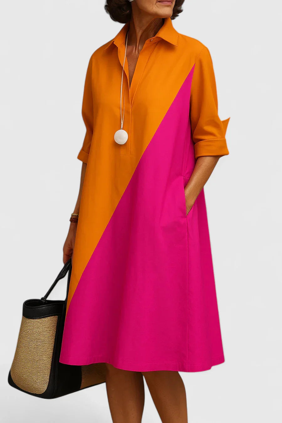 Women's Midi Dress with Contrast Draping - Elegant | Spring - Orange Pink