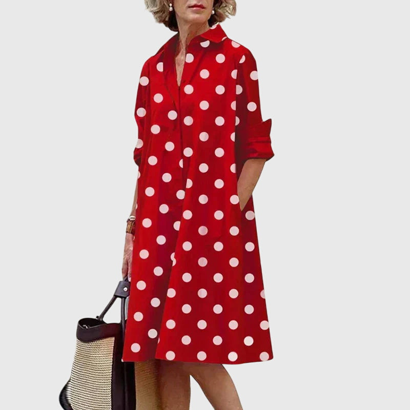 Women's Midi Dress with Pockets - Relaxed Elegance | Spring - Red/White