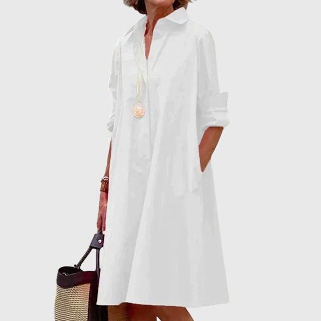 Women's Midi Dress with Pockets - Relaxed Elegance | Spring - White