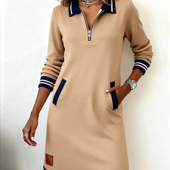 Women's Midi Dress with Zip Collar - Straight Cut | Spring - Beige