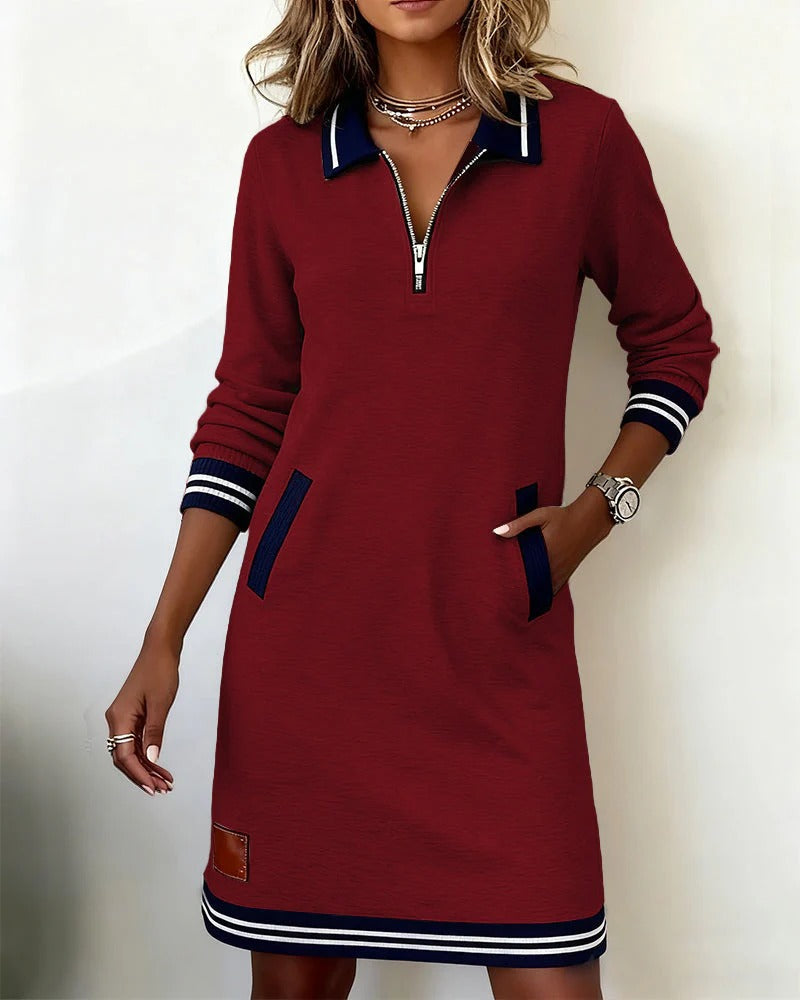 Women's Midi Dress with Zip Collar - Straight Cut | Spring - Red