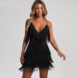 Women's Mini Dress | Fringe & Deep V-Neck | Party Wear | Spring - Black