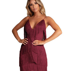 Women's Mini Dress | Fringe & Deep V-Neck | Party Wear | Spring