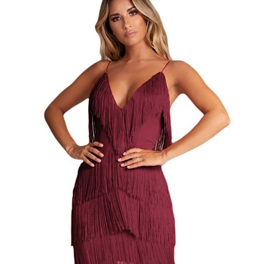 Women's Mini Dress | Fringe & Deep V-Neck | Party Wear | Spring