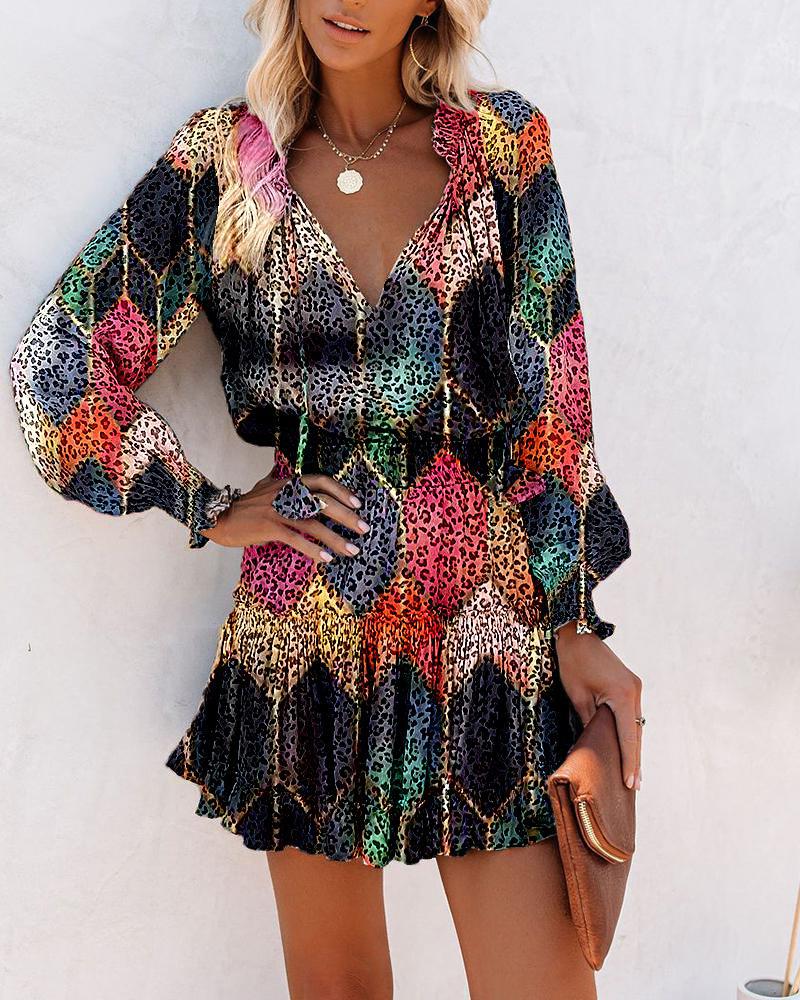 Women's Mini Dress | Long Sleeve | Tiered Skirt | Summer - Black Leopard