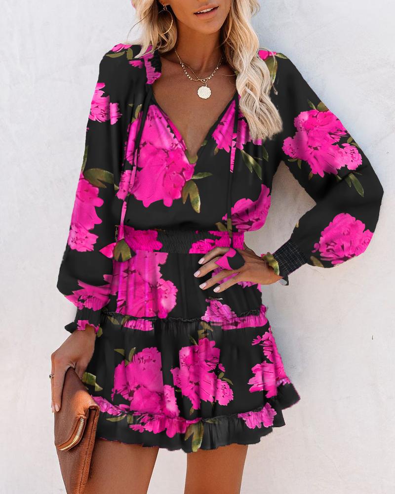Women's Mini Dress | Long Sleeve | Tiered Skirt | Summer - Rose Red