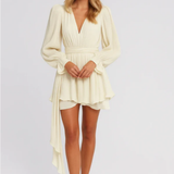 Women's Mini Dress | V-Neck | Long Sleeves | Summer - Light Yellow