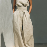Women's Minimalist Linen Set - Elegant Wide-Leg Outfit | Summer - Beige