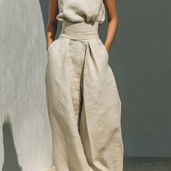 Women's Minimalist Linen Set - Elegant Wide-Leg Outfit | Summer - Beige