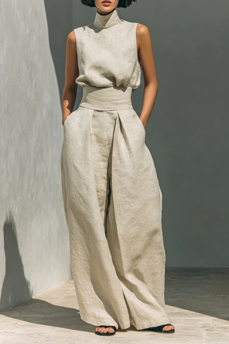 Women's Minimalist Linen Set - Elegant Wide-Leg Outfit | Summer - Beige
