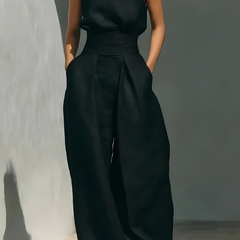Women's Minimalist Linen Set - Elegant Wide-Leg Outfit | Summer - Black