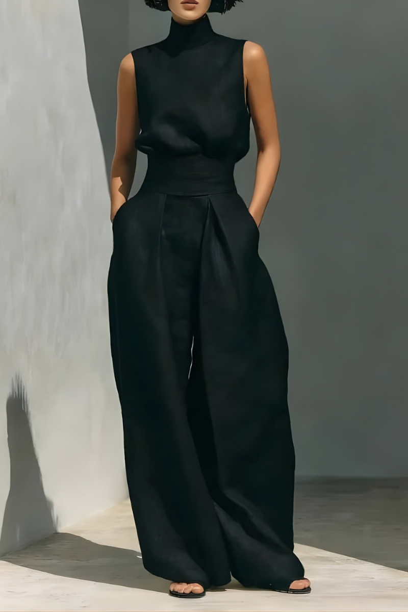 Women's Minimalist Linen Set - Elegant Wide-Leg Outfit | Summer - Black