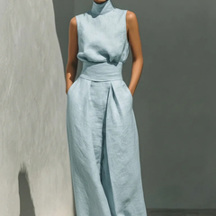 Women's Minimalist Linen Set - Elegant Wide-Leg Outfit | Summer - Blue