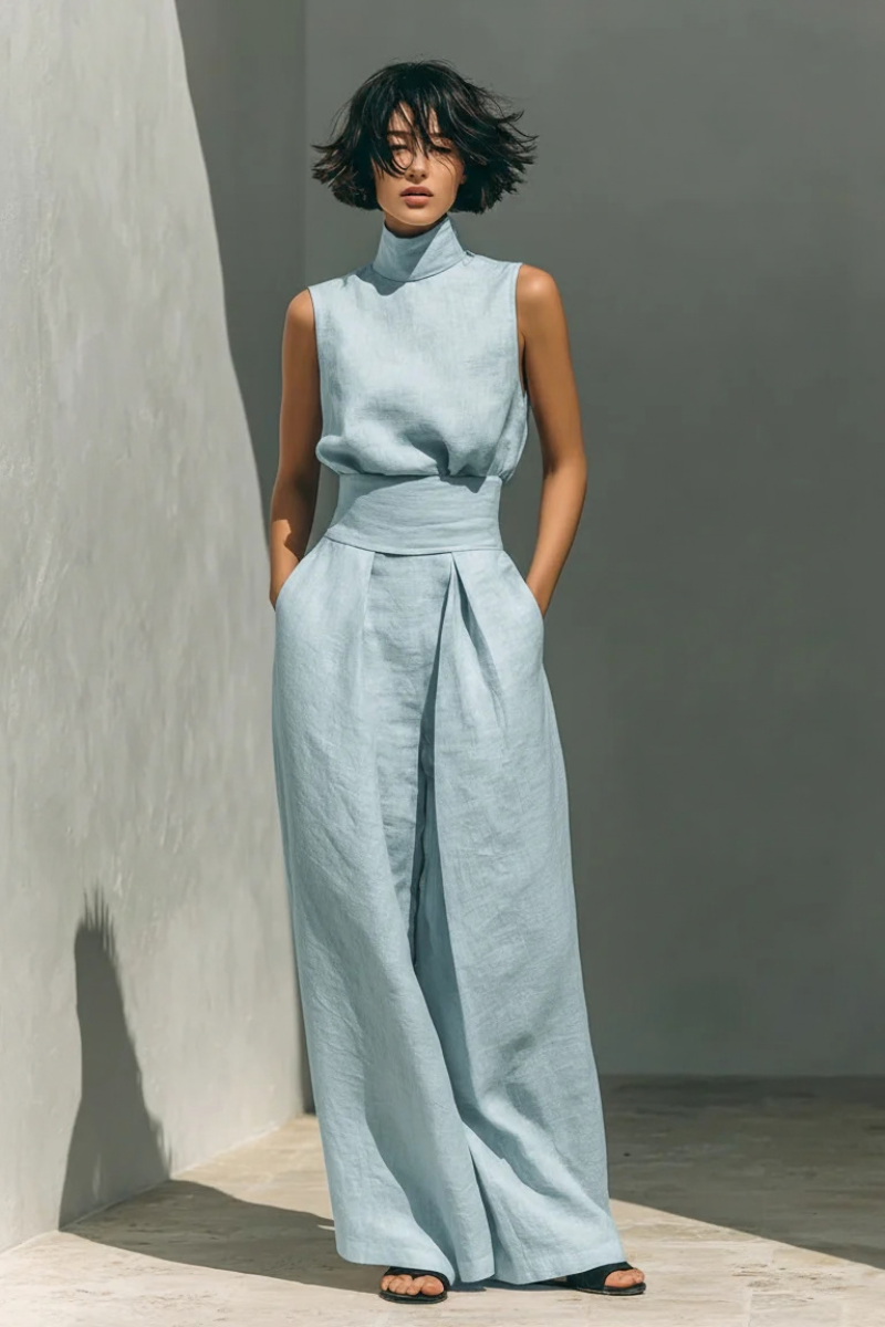 Women's Minimalist Linen Set - Elegant Wide-Leg Outfit | Summer - Blue