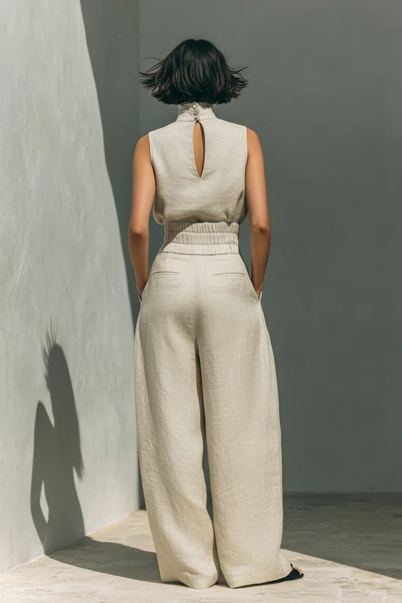 Women's Minimalist Linen Set - Elegant Wide-Leg Outfit | Summer