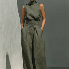 Women's Minimalist Linen Set - Elegant Wide-Leg Outfit | Summer - Green