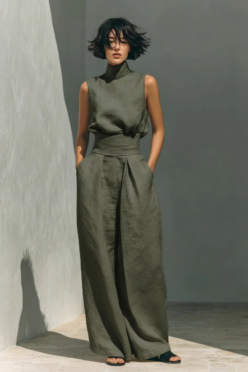 Women's Minimalist Linen Set - Elegant Wide-Leg Outfit | Summer - Green