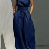 Women's Minimalist Linen Set - Elegant Wide-Leg Outfit | Summer - Navy