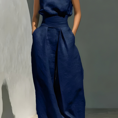 Women's Minimalist Linen Set - Elegant Wide-Leg Outfit | Summer - Navy