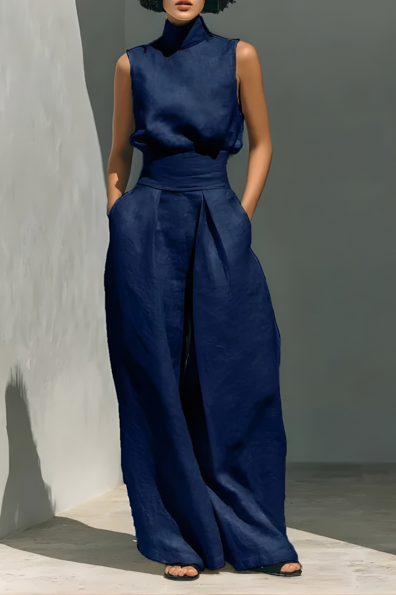 Women's Minimalist Linen Set - Elegant Wide-Leg Outfit | Summer - Navy
