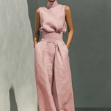 Women's Minimalist Linen Set - Elegant Wide-Leg Outfit | Summer - Pink