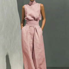 Women's Minimalist Linen Set - Elegant Wide-Leg Outfit | Summer - Pink