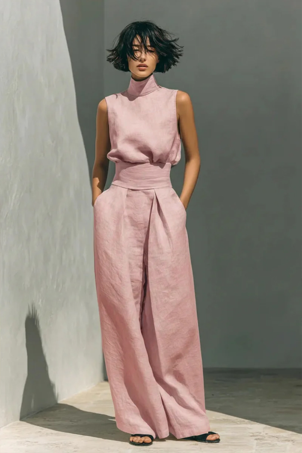 Women's Minimalist Linen Set - Elegant Wide-Leg Outfit | Summer - Pink