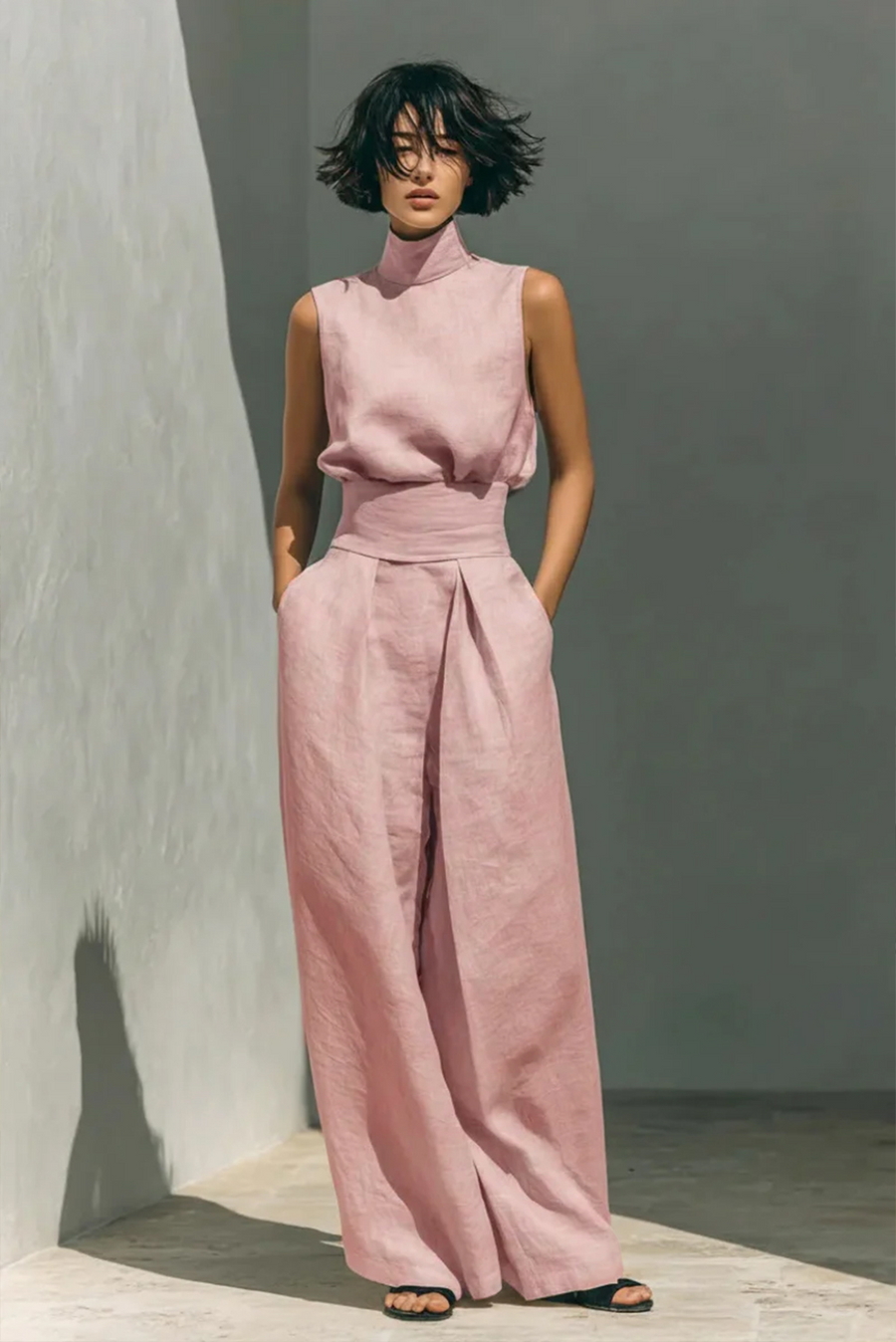 Women's Minimalist Linen Set - Elegant Wide-Leg Outfit | Summer - Pink