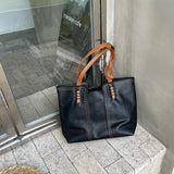 Women's Minimalist Vegan Leather Tote Bag - Khaki | Autumn - Black