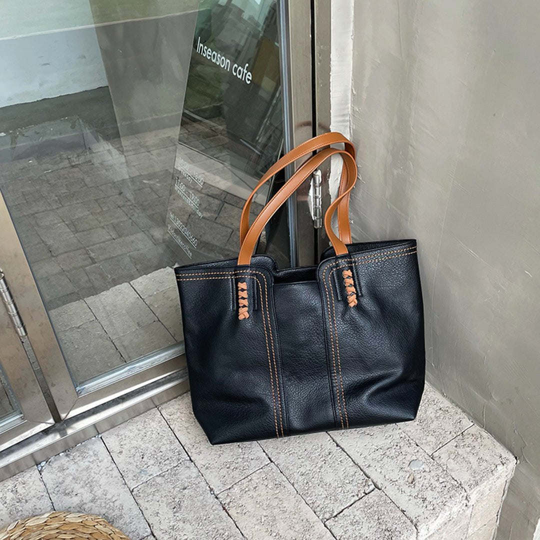 Women's Minimalist Vegan Leather Tote Bag - Khaki | Autumn - Black